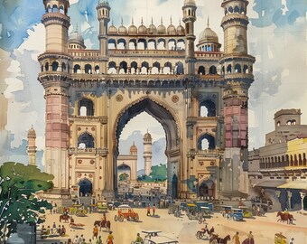 May include: Watercolor painting of the Charminar in Hyderabad, India. The artwork depicts the iconic archway and minarets in shades of beige, brown, and peach, with a bustling street scene below. The sky is a light blue with watercolor washes.