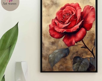 赤いバラの絵画 家の壁の装飾ポスター 花柄プリント ギフトアイデア AI