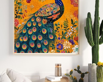 May include: A framed art print featuring a vibrant peacock illustration. The peacock has blue, green, and orange plumage against a golden yellow background with floral accents. The artwork is displayed in a room with a cactus and a beanbag chair.