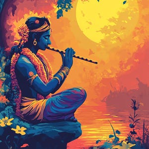 Lord Krishna Digital Download Print Hindu Impressionist painting wall art Vrindavan Indian AI art hinduism art painting digital wallpaper