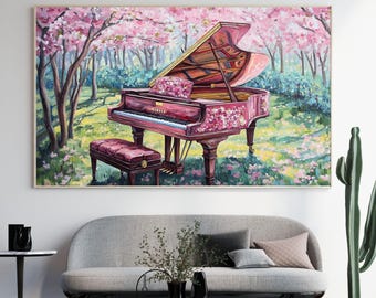 Puede incluir: Pintura enmarcada de un piano de cola en un jardín primaveral. El piano es de color rosa intenso con detalles florales, sobre un fondo de flores de cerezo rosas y hierba verde. Un banco a juego está delante.