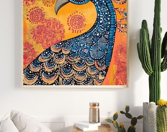 May include: A framed artwork featuring a stylized peacock. The bird is depicted with blue and white patterned feathers, a blue head, and a yellow and orange background with floral patterns. The artwork is displayed in a room with a beanbag chair and cacti.