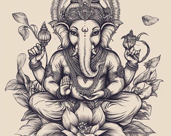 Lord Ganesha Line art Wall Art Indian Hindu God Ganesha Painting AI Digital Prints Instant Download wall art Poster Lord Ganesh illustration