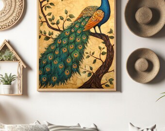 May include: A painting of a peacock with its tail feathers spread out. The peacock is perched on a branch of a tree. The background is a light yellow color.