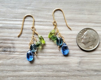 Kyanite Apatite Peridot Gold Filled Wire Wrapped Dangle Drop Gemstone Earrings