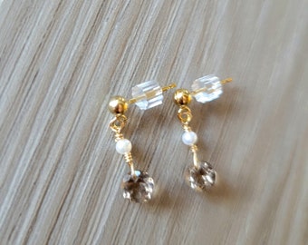 Smokey Quartz and Seed Pearl 14K20 Gold Filled Wire Wrapped Petite Post Earring