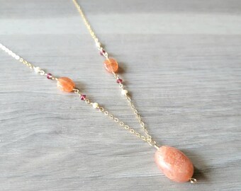 Sunstone Garnet Pearl 14K20 Gold Filled Wire Wrapped Gemstone Necklace