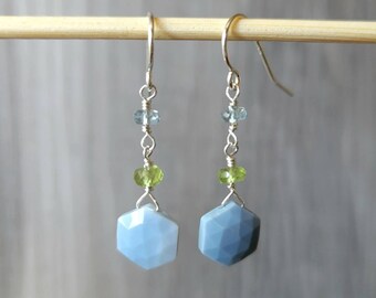 Blue Peruvian Opal, Peridot, and Aquamarine Sterling Silver Wire Wrapped Drop Earrings