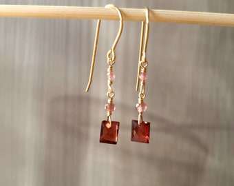 Garnet And Pink Tourmaline 14K20 Gold Filled Wire Wrapped Gemstone Earrings