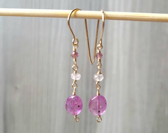 Pink Sapphire Beryl and Spinel 14K20 Gold Filled Wire Wrapped Gemstone Earrings