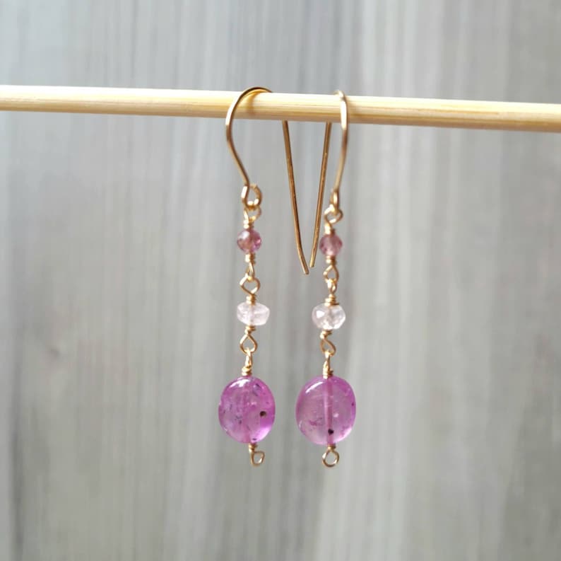 Pink Sapphire Beryl and Spinel 14K20 Gold Filled Wire Wrapped Gemstone Earrings image 1