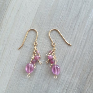 Pink Sapphire, Ruby, Spinel, Tourmaline Dangle Cluster Wire Wrapped 14K20 Gold Filled Gemstone Earrings