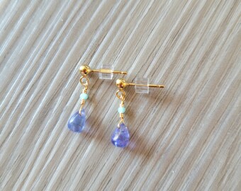 Tanzanite and Amazonite 14K20 Gold Filled Wire Wrapped Petite Post Earring