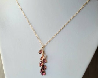 Faceted Pink Tourmaline Teardrop Ombre 14K20 Gold Filled Cable Chain Wire Wrapped Gemstone Y Necklace