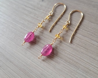 Pink Sapphire and Yellow Citrine Wire Wrapped 14K20 Gold Filled Gemstone Earrings