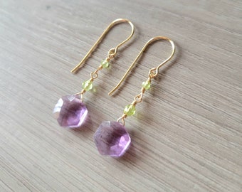 Faceted Amethyst Hexagon and Green Peridot Wire Wrapped 14K20 Gold Filled Gemstone Earrings