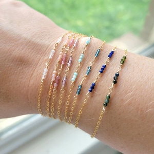 Petite Gemstone Gold Filled or Sterling Silver Cable Chain Bracelet Dainty Layering