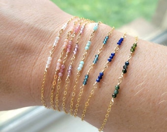 Petite Gemstone Gold Filled or Sterling Silver Cable Chain Bracelet Dainty Layering