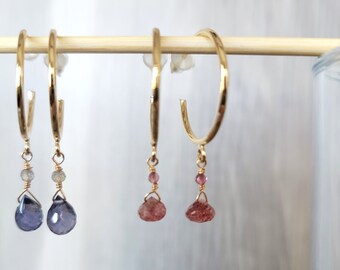 Gemstone 14K20 Gold Filled Wire Wrapped Hoops Garnet Tourmaline Iolite Strawberry Quartz Spinel