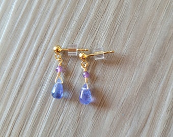 Tanzanite and Amethyst 14K20 Gold Filled Wire Wrapped Petite Post Earring