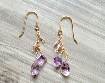 Pale Lavender Amethyst Dangle Cluster Wire Wrapped 14K20 Gold Filled Gemstone Earrings