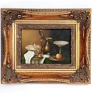 Framed Still Life Oil Painting on Wood with Gold Leaf
