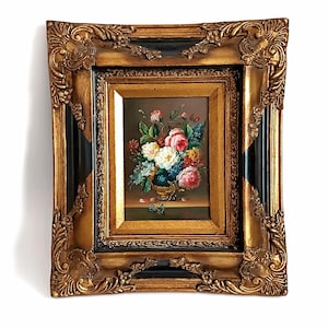 Antique framed oil painting on the wood with gold leaf frame Collectible floral painting Wall hanging flower bouquet Housewarming gift