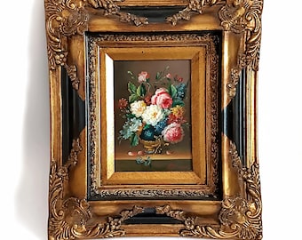 Antique framed oil painting on the wood with gold leaf frame Collectible floral painting Wall hanging flower bouquet Housewarming gift