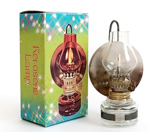 Small oil lamp in box Glass miniature kerosene lamp with wick Collectible little glass oil lantern Made in Hong Kong Christmas gift