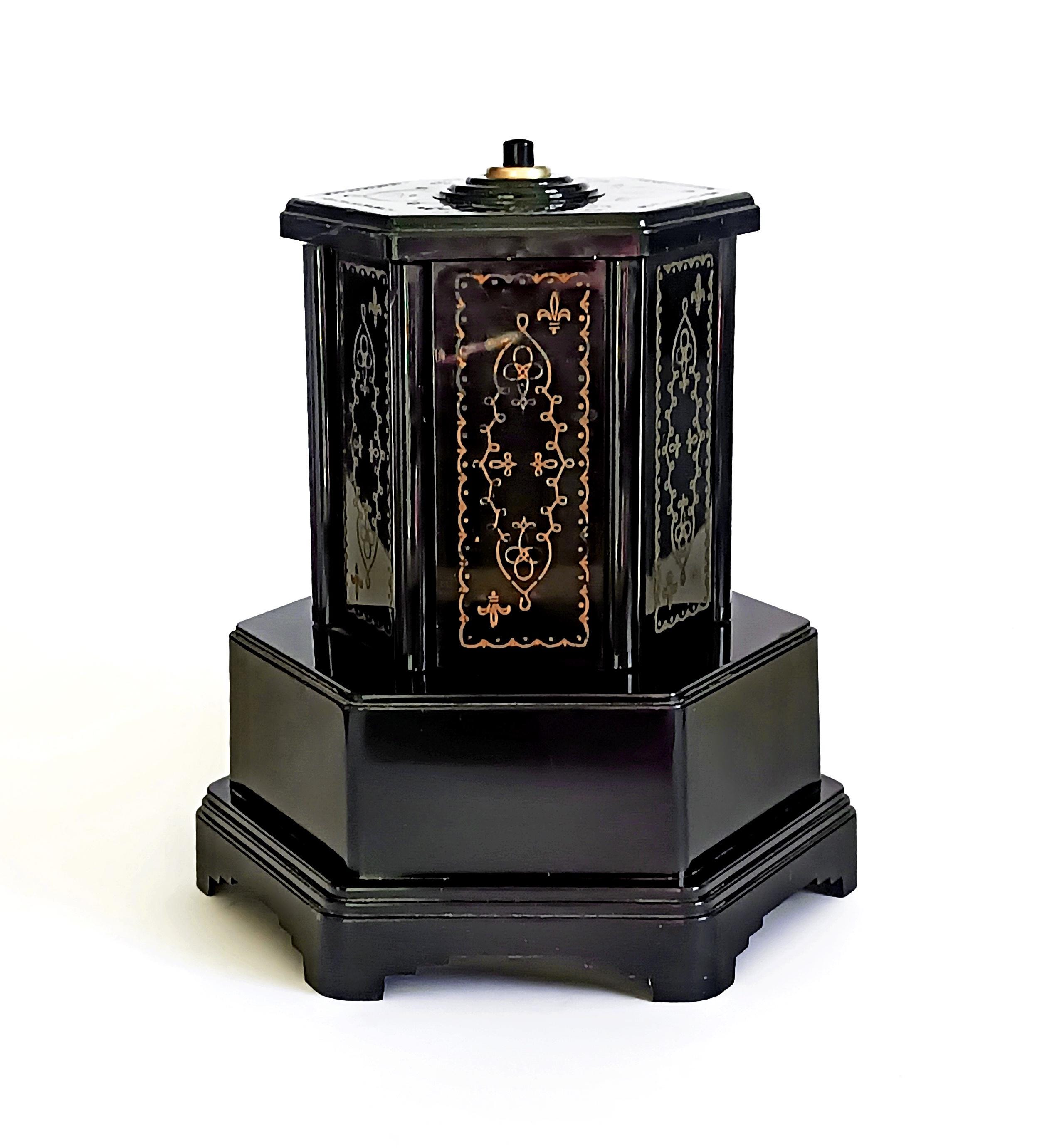 selcol musical cigarette dispenser Bakelite music carousel cigarette dispenser Selcol Lipstick holder with  REUGE music box Collectible cigarette storage Made in England
