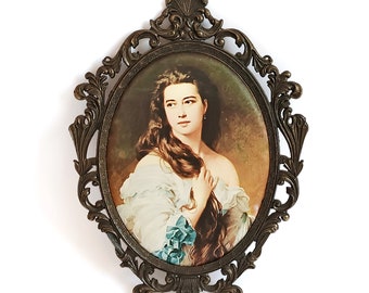 Italian silkscreen picture Vintage framed woman portrait picture on silk Collectible art made in Italy Wall hanging decor Christmas gift