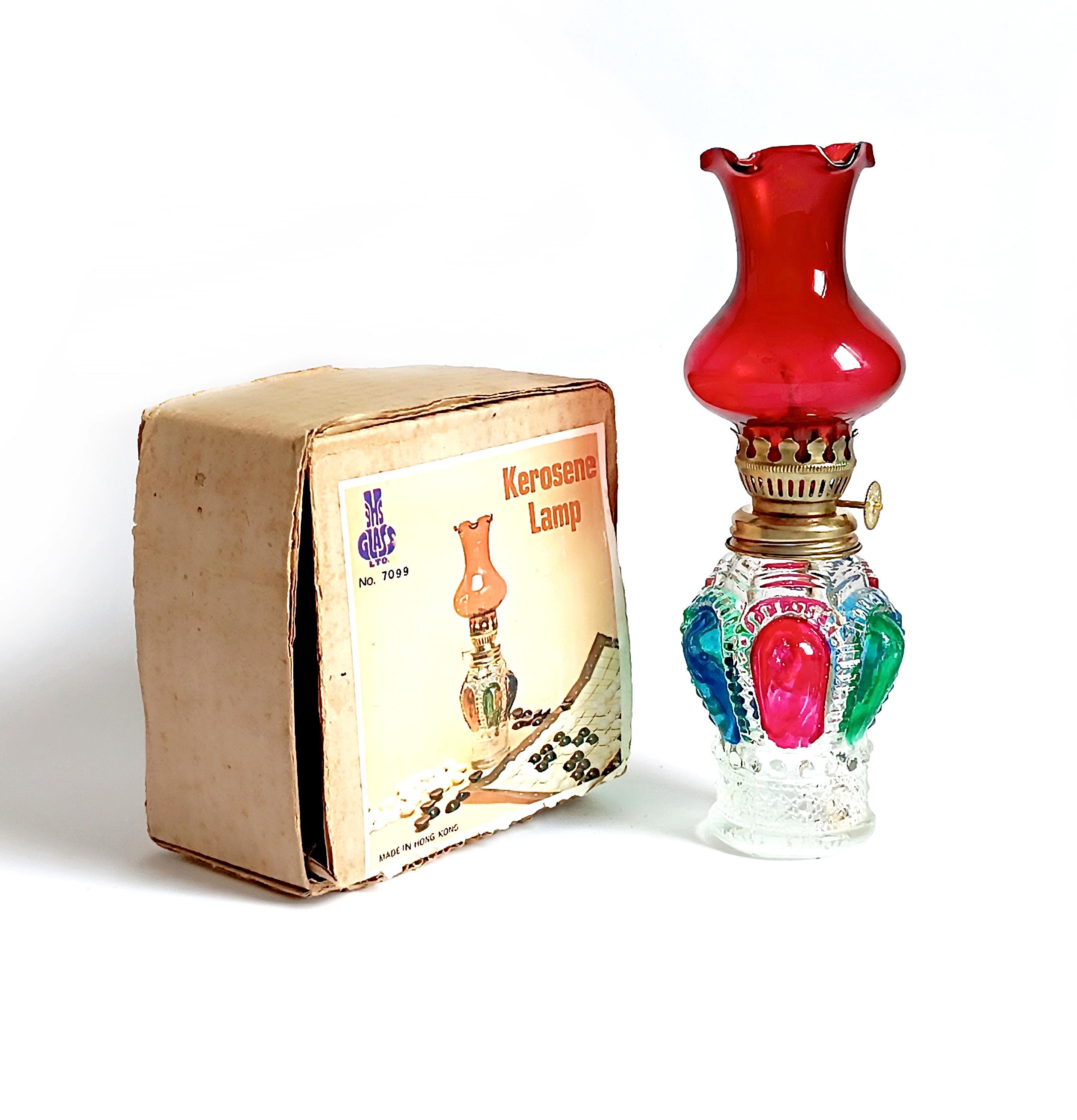 Vintage oil lamp in original box Red glass kerosene lamp with wick Made in Hong Kong Collectible little glass oil lantern Hausewarming gift
