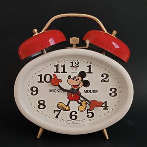 Antieke Bradley-kinderwekker WERKEND Bureauklok met stripfiguur. Collectible Duitse opwindklok Muisklok kerstcadeau voor kind