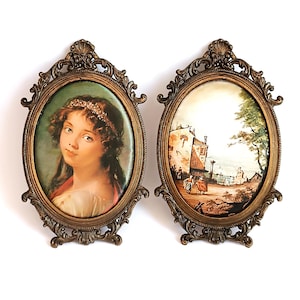 Vintage Italian silkscreen pictures set of 2 Framed picture on silk Collectible art made in Italy Wall hanging decor Christmas gift