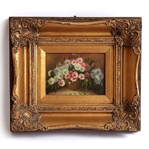 Antique framed oil painting with gold leaf wooden frame Collectible floral painting Wall hanging picture flower bouquet Housewarming gift