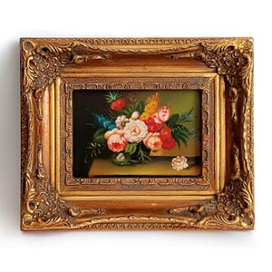 Collectible floral painting oil on the wood with gold leaf wooden frame Wall hanging flower bouquet in the vase Housewarming gift
