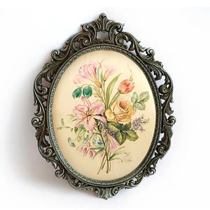 Italian silkscreen picture Vintage big framed floral picture on silk Collectible art made in Italy Wall hanging decor Christmas gift