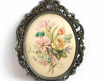 Italian silkscreen picture Vintage big framed floral picture on silk Collectible art made in Italy Wall hanging decor Christmas gift