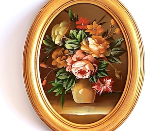 Vintage oil painting Wooden frame wall hanging picture flowers Collectible floral art Bouquet of flowers in a vase painting Christmas gift