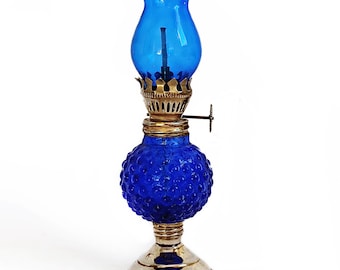 Hong Kong small oil lamp Blue glass miniature kerosene lamp with wick Collectible little glass oil lantern Made in Hong Kong Cobalt glass
