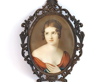 Vintage Italian silkscreen picture Framed woman portrait picture on silk Collectible art made in Italy Wall hanging decor Christmas gift
