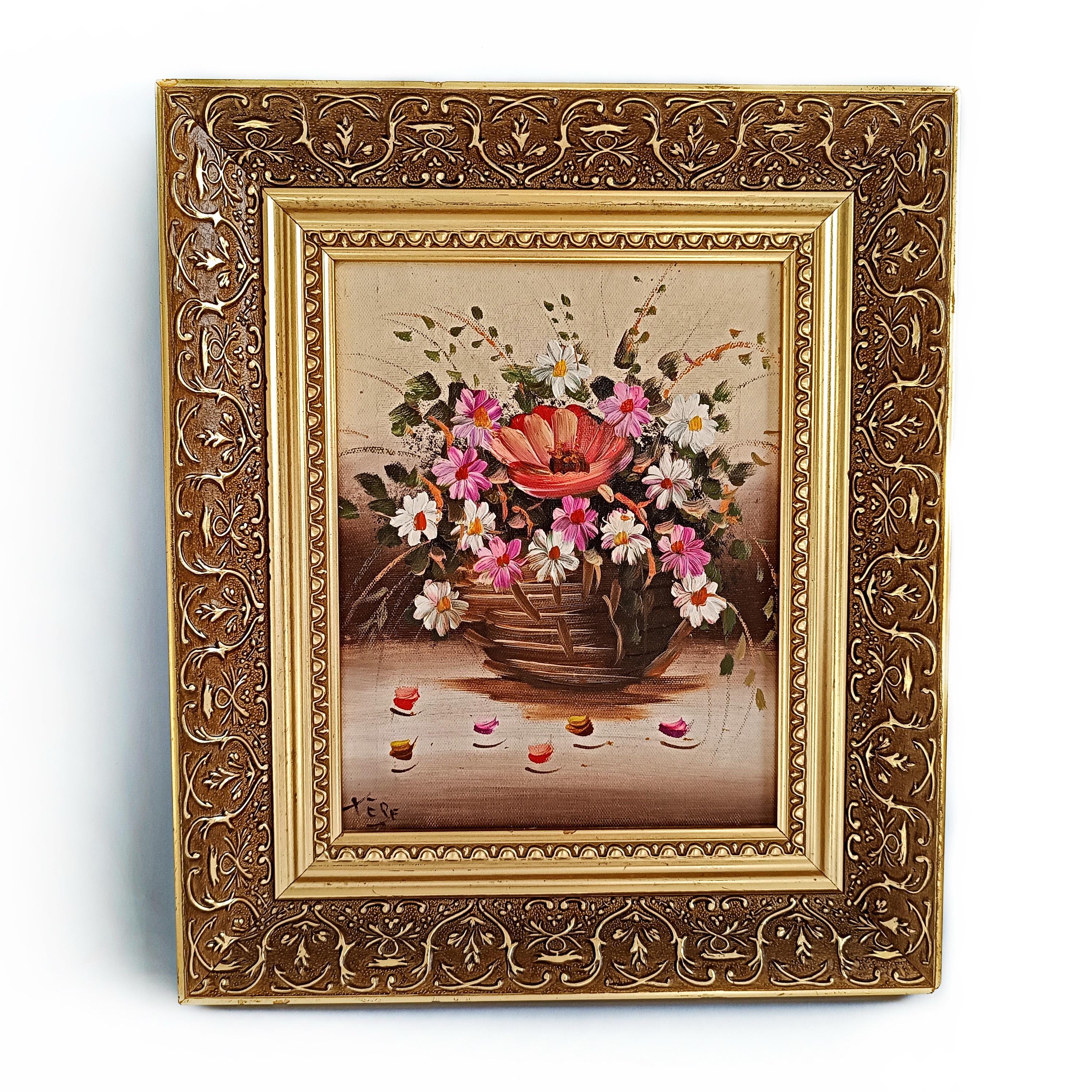 木製フレームの油絵、金箔フレーム、花付き壁掛け絵画、コレクター向け