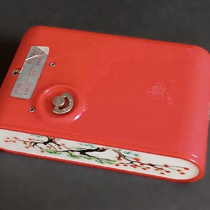 K&ouml;nnte beinhalten: Eine rote Vintage-Kamera mit floralem Design am unteren Rand. Die Kamera hat einen silbernen Aufzugsknopf und ein Etikett mit der Aufschrift "FOR ERIZE NO TAMEW ELSE".