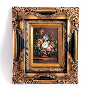 Antique framed oil painting on the wood with gold leaf frame Collectible floral painting Wall hanging flower bouquet Housewarming gift