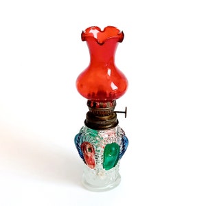 Vintage small oil lamp Red glass kerosene lamp with wick Made in Hong Kong Collectible little glass oil lantern Christmas gift