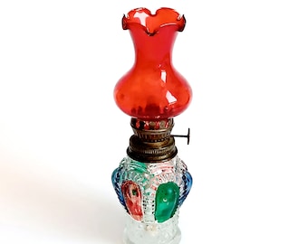 Vintage small oil lamp Red glass kerosene lamp with wick Made in Hong Kong Collectible little glass oil lantern Christmas gift