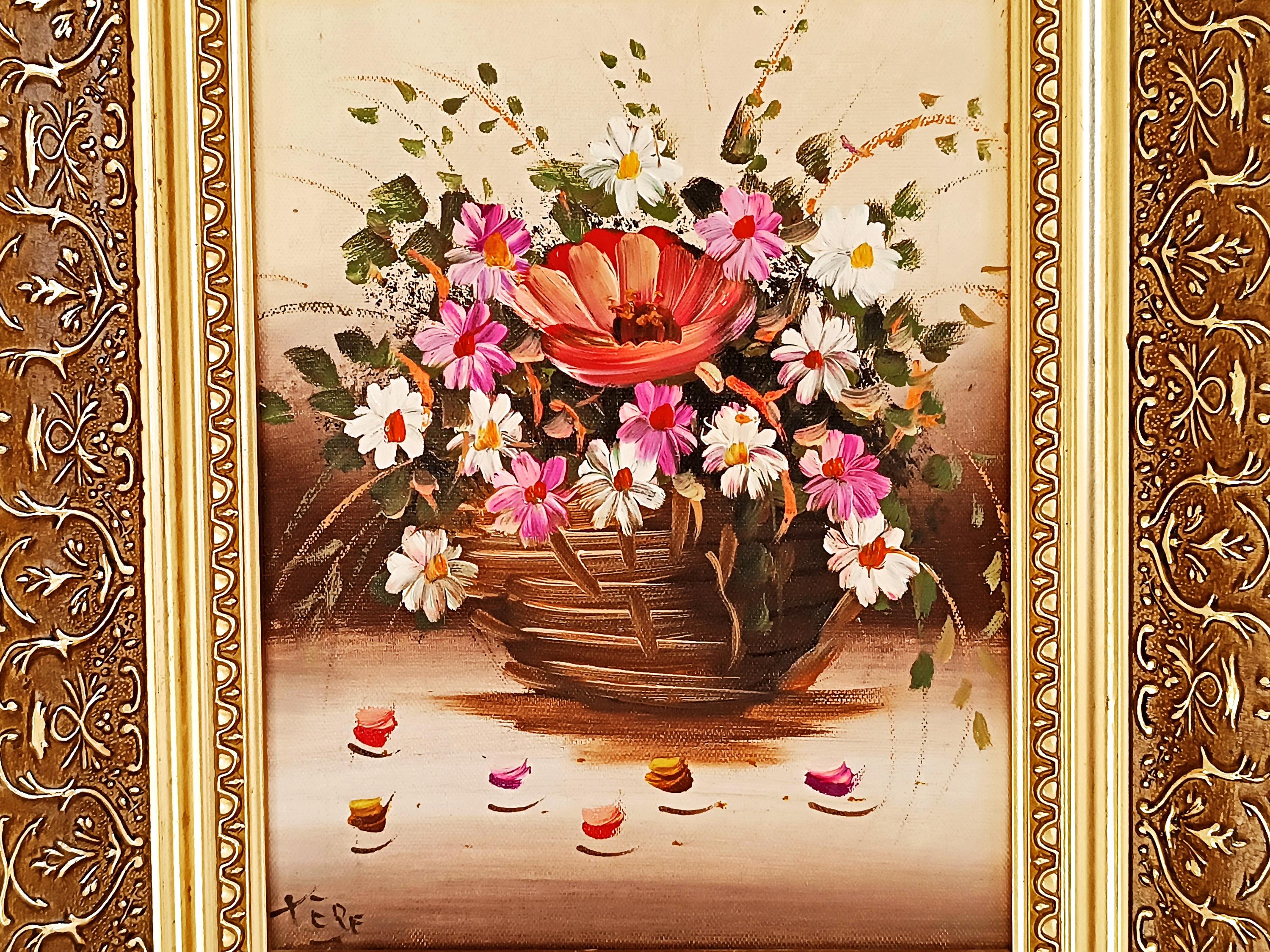 木製フレームの油絵、金箔フレーム、花付き壁掛け絵画、コレクター向け