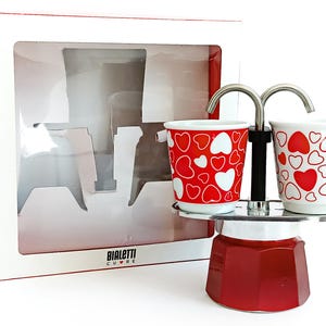 Italian coffee maker Bialetti with 2 cups in original box Collectible espressomaker Ceramic coffee cups Saint Valentine gift Christmas gift