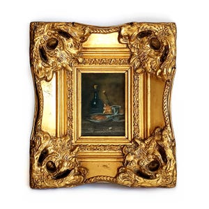 Oil on the wood painting with gold leaf wooden frame Double frame Collectible still life painting Wall hanging Housewarming Christmas gift