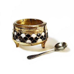 Collectible cloisonne enamel salt cellar with silver enamel spoon Antique enamel open caviar dish mustard pot Condiment serving Table decor
